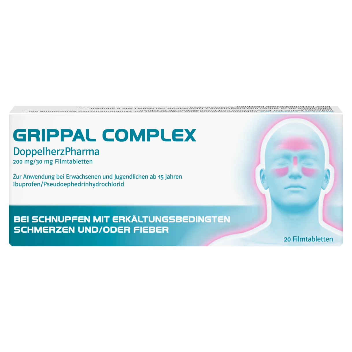 Abbildung der Produktverpackung DoppelherzPharma GRIPPAL COMPLEX DoppelherzPharma 200 mg/ 30 mg Filmtabletten Rückansicht